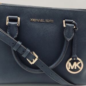 Michael Kors Kellen Medium Satchel Handbag Navy Blue Saffiano Leather